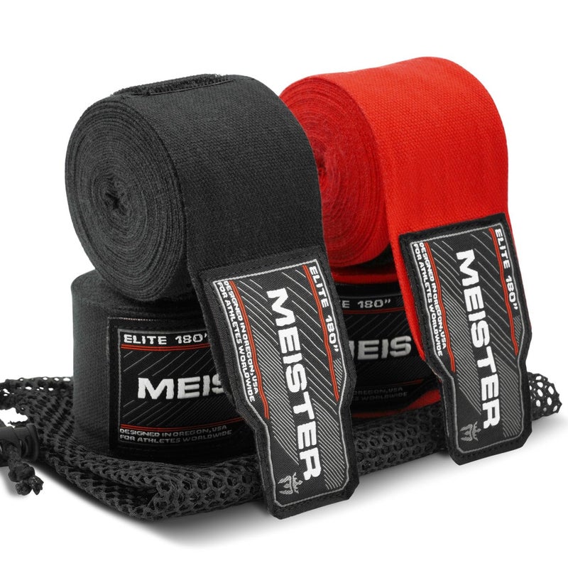 Meister Elite 180" Premium Adult Hand Wraps for MMA & Boxing - 2 Pair Pack w/Mesh Bag - Black/Blood Red - Image 1